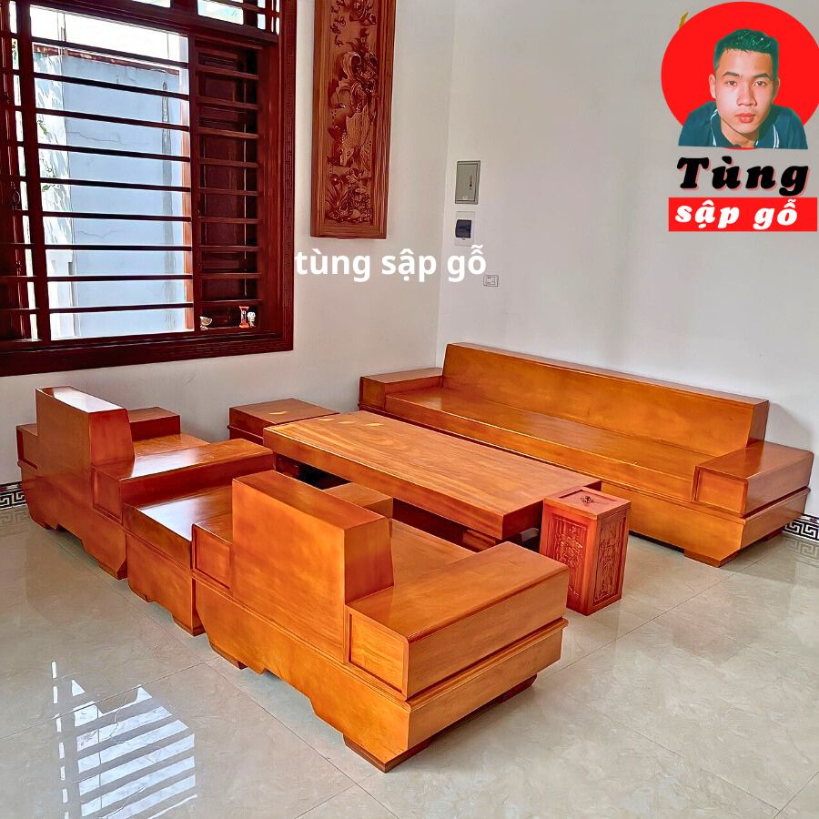 bộ sofa góc chữ h đẹp gỗ gõ đỏ hiện đại sang trọng tiện nghi tùng sập gỗ