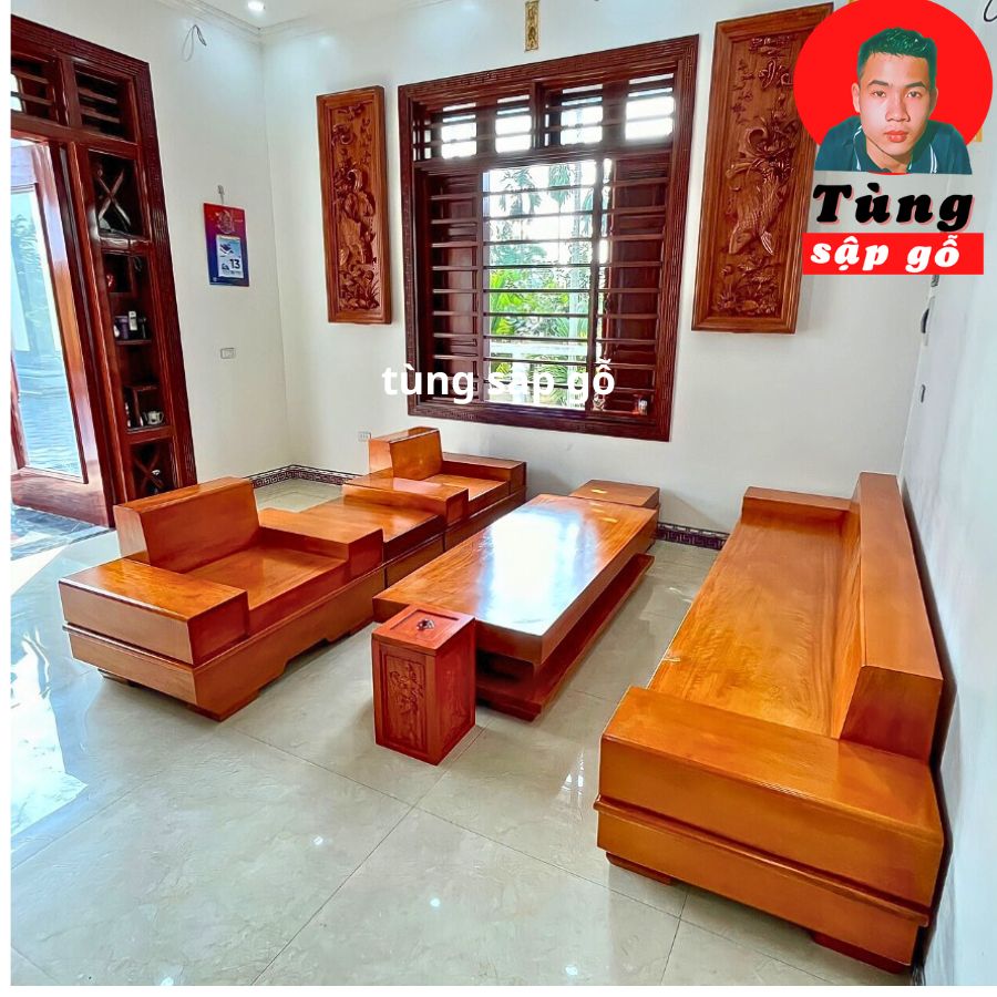 bộ sofa góc chữ h đẹp gỗ gõ đỏ hiện đại sang trọng tiện nghi tùng sập gỗ